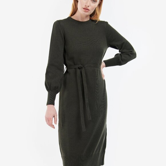 Barbour Birch Midi Sweater Dress Size 10 Olive Green Puff Sleeve Tie Front - Picture 1 of 6